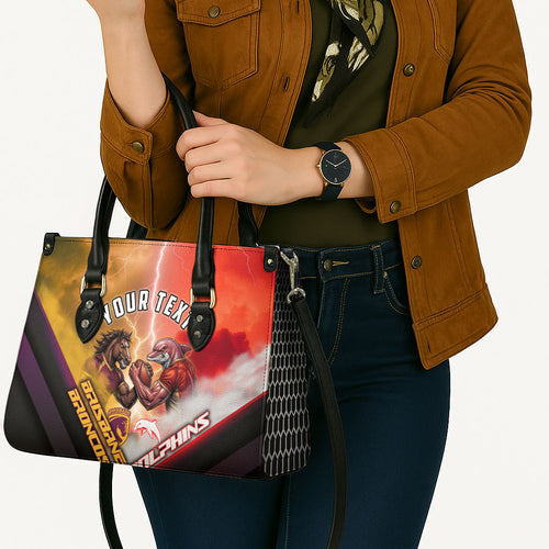 Personalized Brisbane Broncos vs Dolphins Leather Bag Battle Epic Lightning Storm Mascot