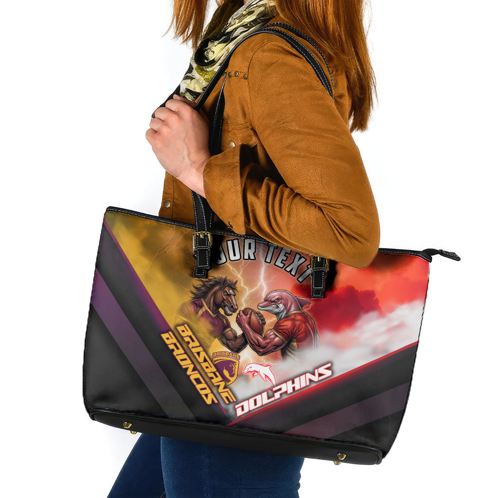 Personalized Brisbane Broncos vs Dolphins Leather Tote Bag Battle Epic Lightning Storm Mascot