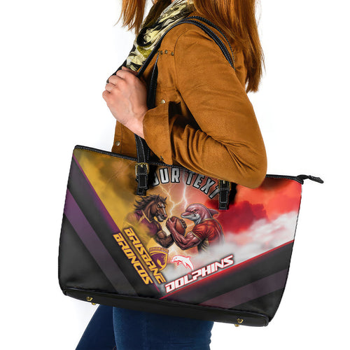 Personalized Brisbane Broncos vs Dolphins Leather Tote Bag Battle Epic Lightning Storm Mascot