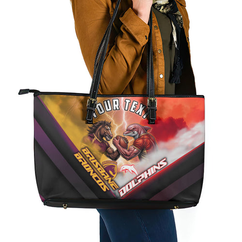 Personalized Brisbane Broncos vs Dolphins Leather Tote Bag Battle Epic Lightning Storm Mascot