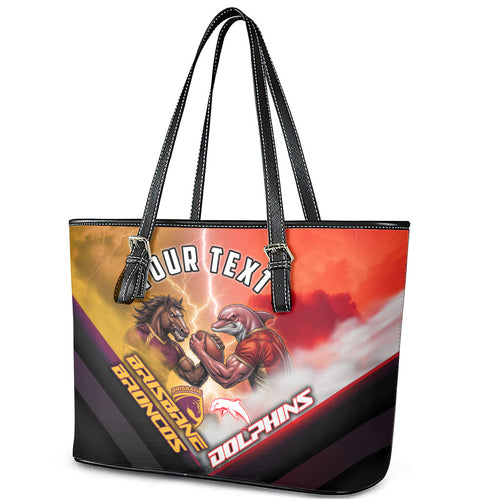 Personalized Brisbane Broncos vs Dolphins Leather Tote Bag Battle Epic Lightning Storm Mascot