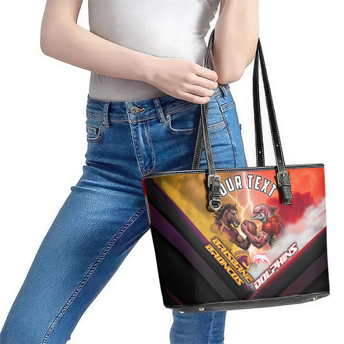 Personalized Brisbane Broncos vs Dolphins Leather Tote Bag Battle Epic Lightning Storm Mascot