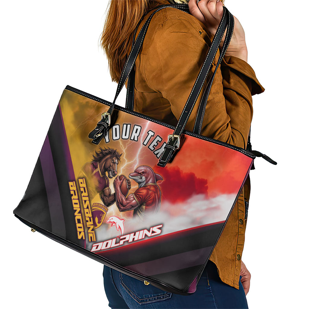 Personalized Brisbane Broncos vs Dolphins Leather Tote Bag Battle Epic Lightning Storm Mascot