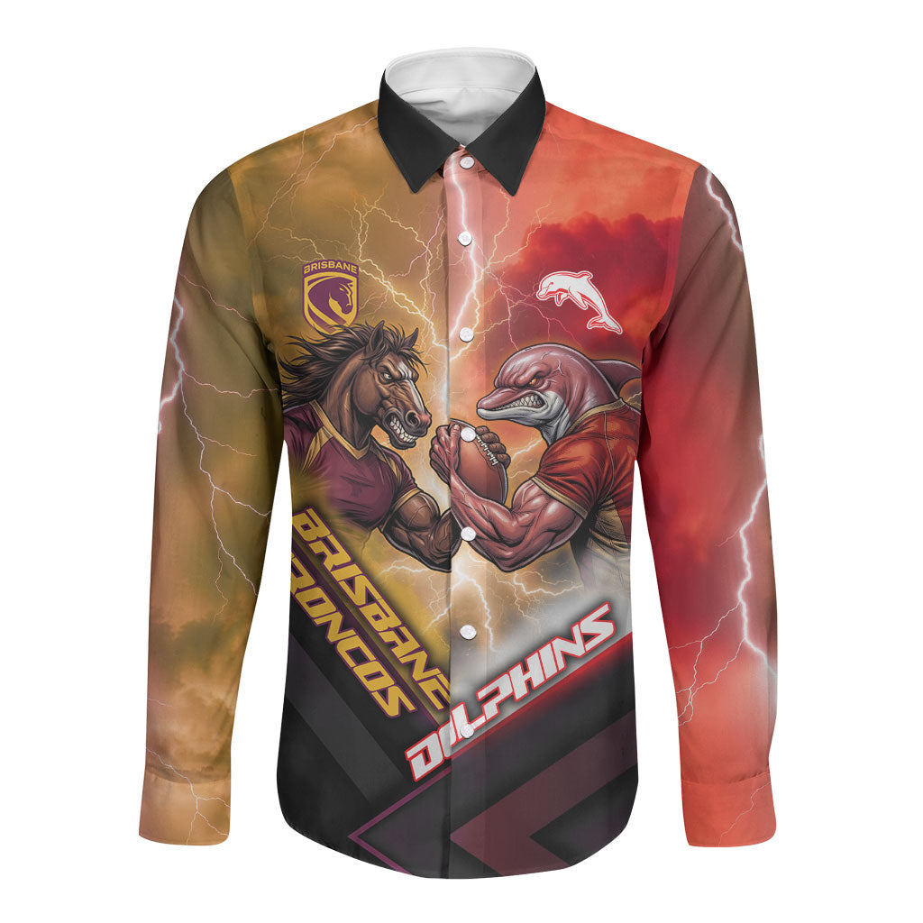 Personalized Brisbane Broncos vs Dolphins Long Sleeve Button Shirt Battle Epic Lightning Storm Mascot