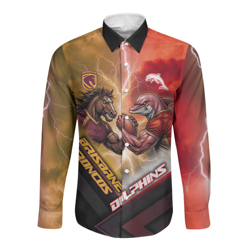 Personalized Brisbane Broncos vs Dolphins Long Sleeve Button Shirt Battle Epic Lightning Storm Mascot