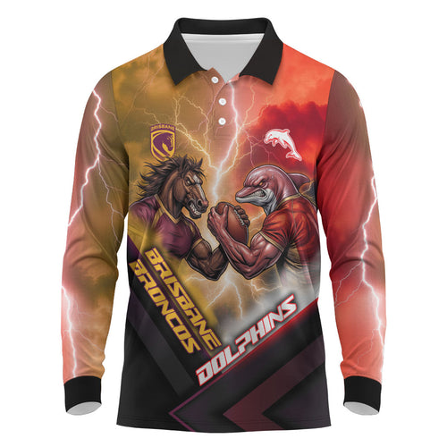 Personalized Brisbane Broncos vs Dolphins Long Sleeve Polo Shirt Battle Epic Lightning Storm Mascot