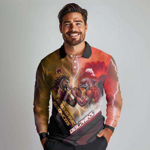 Personalized Brisbane Broncos vs Dolphins Long Sleeve Polo Shirt Battle Epic Lightning Storm Mascot