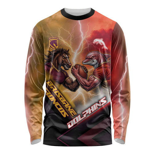 Personalized Brisbane Broncos vs Dolphins Long Sleeve Shirt Battle Epic Lightning Storm Mascot