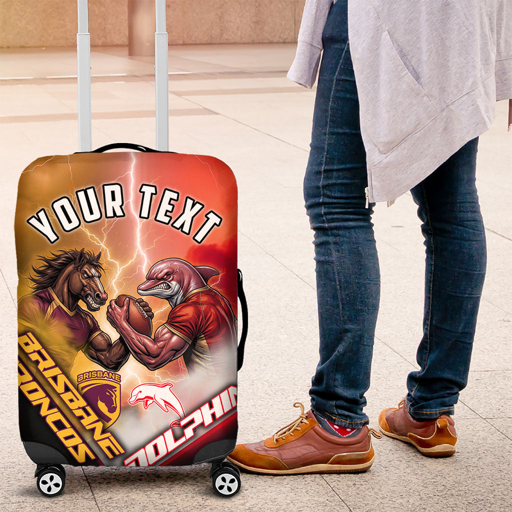Personalized Brisbane Broncos vs Dolphins Luggage Cover Battle Epic Lightning Storm Mascot