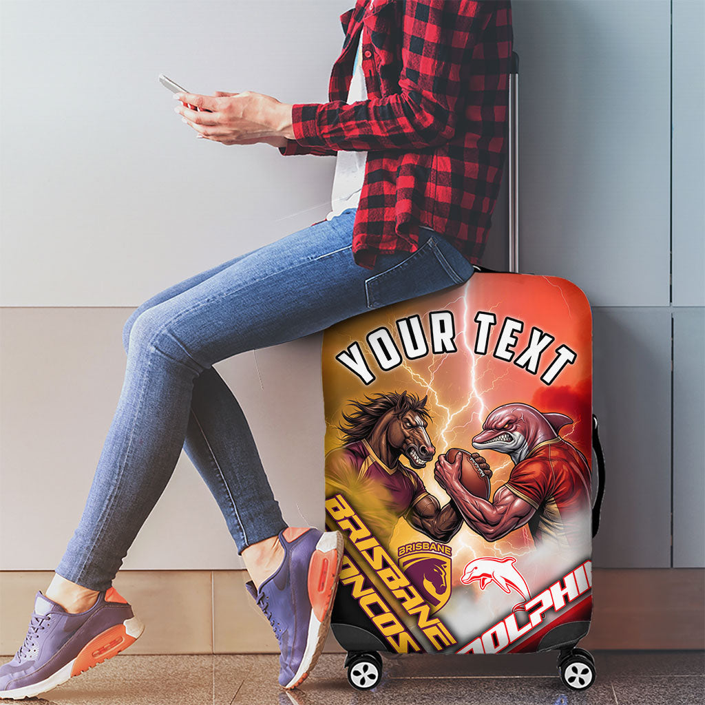 Personalized Brisbane Broncos vs Dolphins Luggage Cover Battle Epic Lightning Storm Mascot