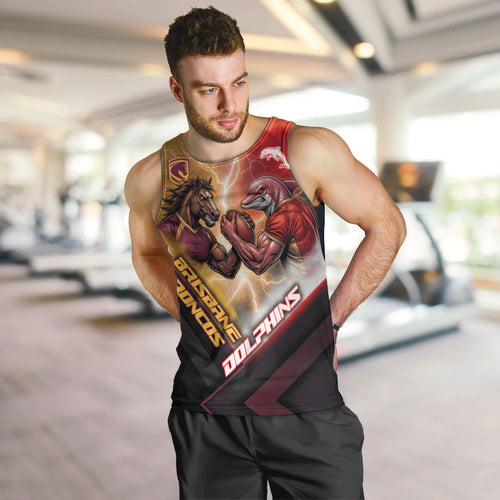 Personalized Brisbane Broncos vs Dolphins Men Tank Top Battle Epic Lightning Storm Mascot