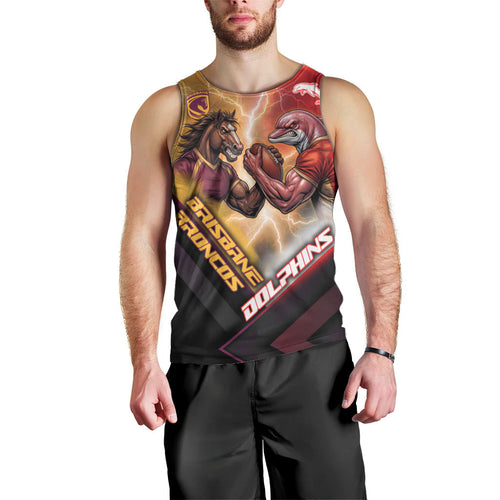 Personalized Brisbane Broncos vs Dolphins Men Tank Top Battle Epic Lightning Storm Mascot