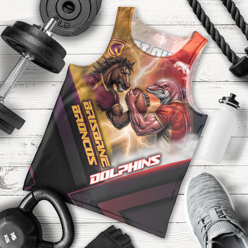 Personalized Brisbane Broncos vs Dolphins Men Tank Top Battle Epic Lightning Storm Mascot