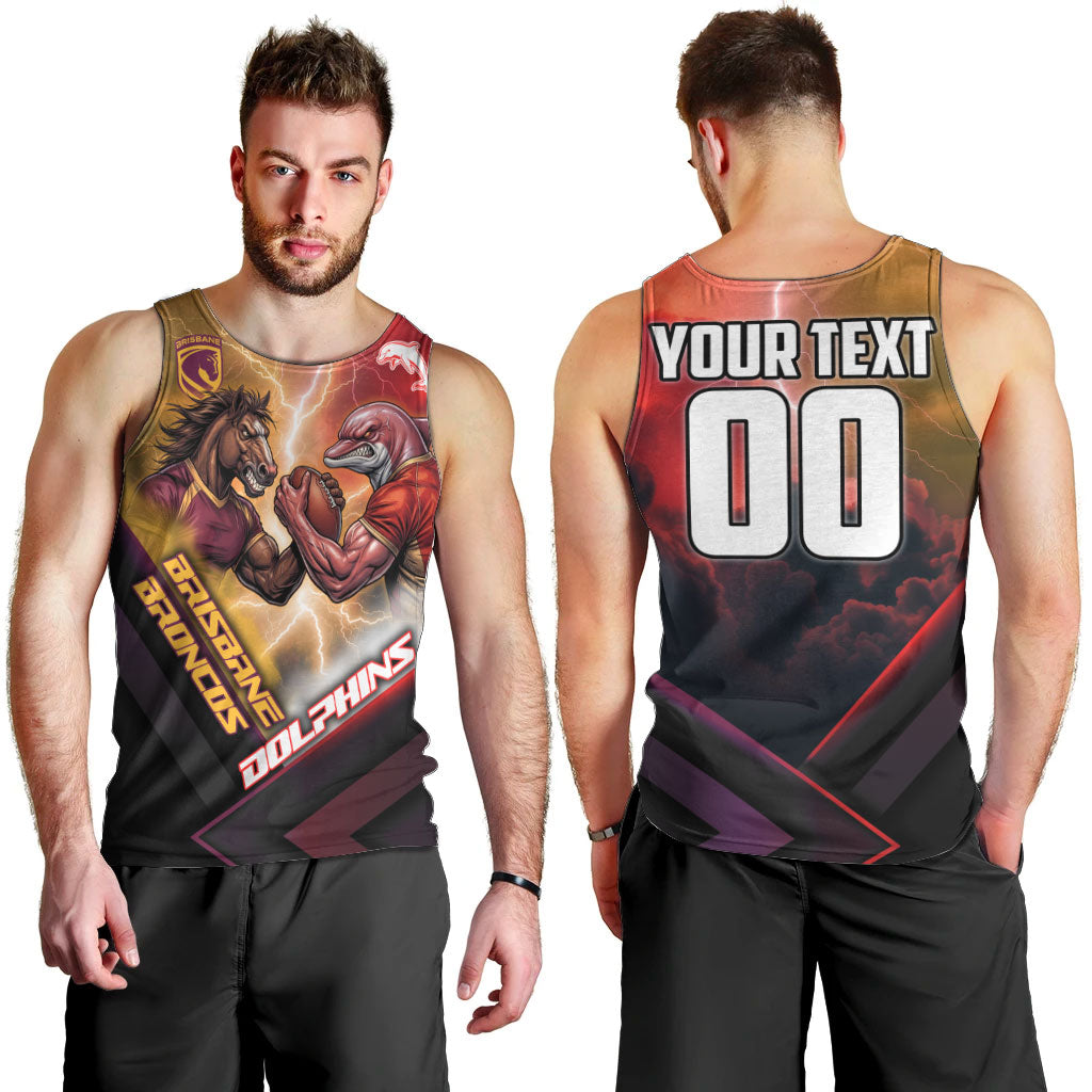 Personalized Brisbane Broncos vs Dolphins Men Tank Top Battle Epic Lightning Storm Mascot