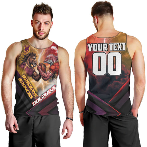 Personalized Brisbane Broncos vs Dolphins Men Tank Top Battle Epic Lightning Storm Mascot