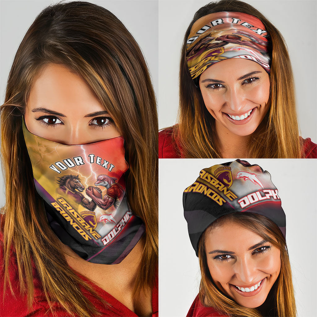 Personalized Brisbane Broncos vs Dolphins Neck Gaiter Battle Epic Lightning Storm Mascot