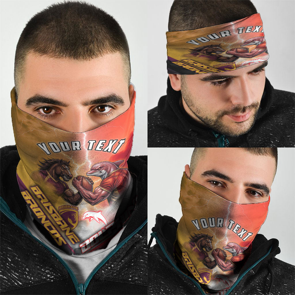 Personalized Brisbane Broncos vs Dolphins Neck Gaiter Battle Epic Lightning Storm Mascot