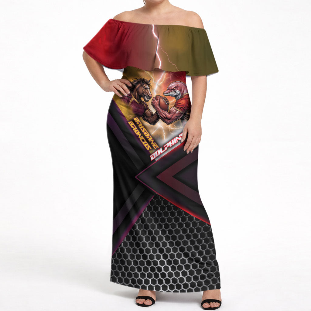 Personalized Brisbane Broncos vs Dolphins Off Shoulder Maxi Dress Battle Epic Lightning Storm Mascot