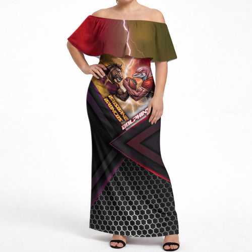 Personalized Brisbane Broncos vs Dolphins Off Shoulder Maxi Dress Battle Epic Lightning Storm Mascot