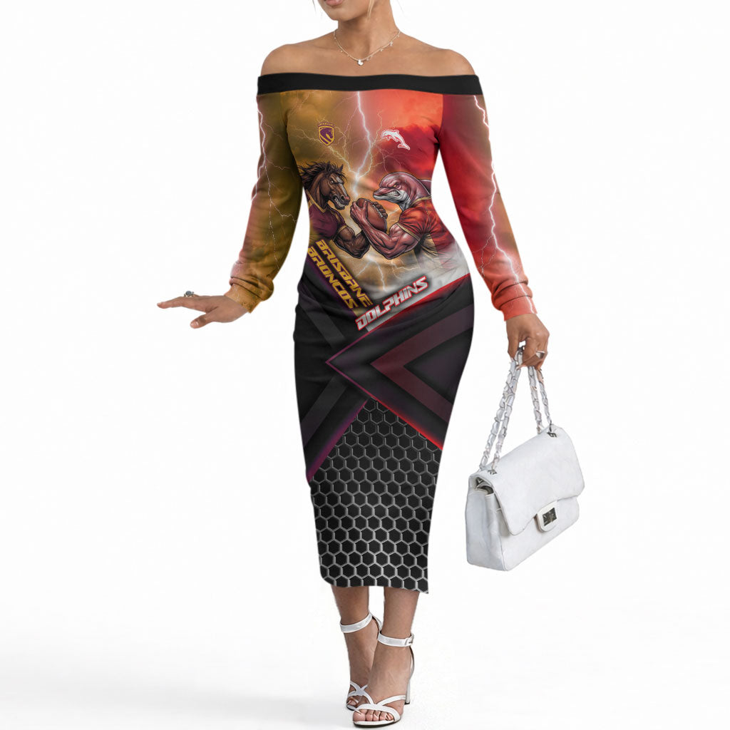 Personalized Brisbane Broncos vs Dolphins Off The Shoulder Long Sleeve Dress Battle Epic Lightning Storm Mascot