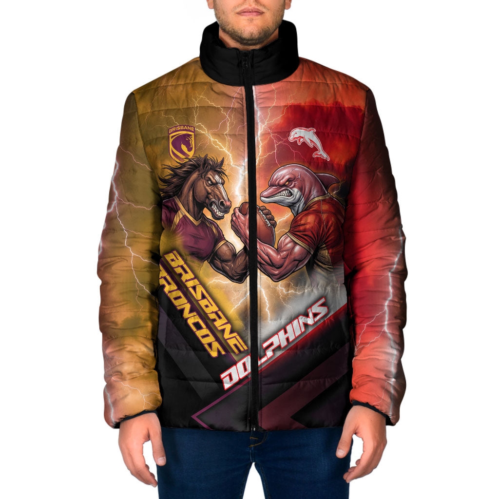 Personalized Brisbane Broncos vs Dolphins Padded Jacket Battle Epic Lightning Storm Mascot