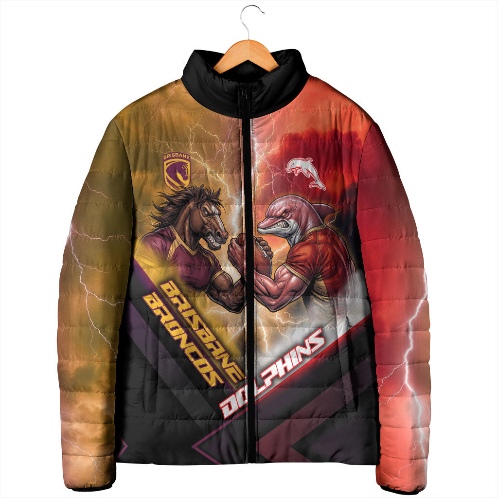 Personalized Brisbane Broncos vs Dolphins Padded Jacket Battle Epic Lightning Storm Mascot