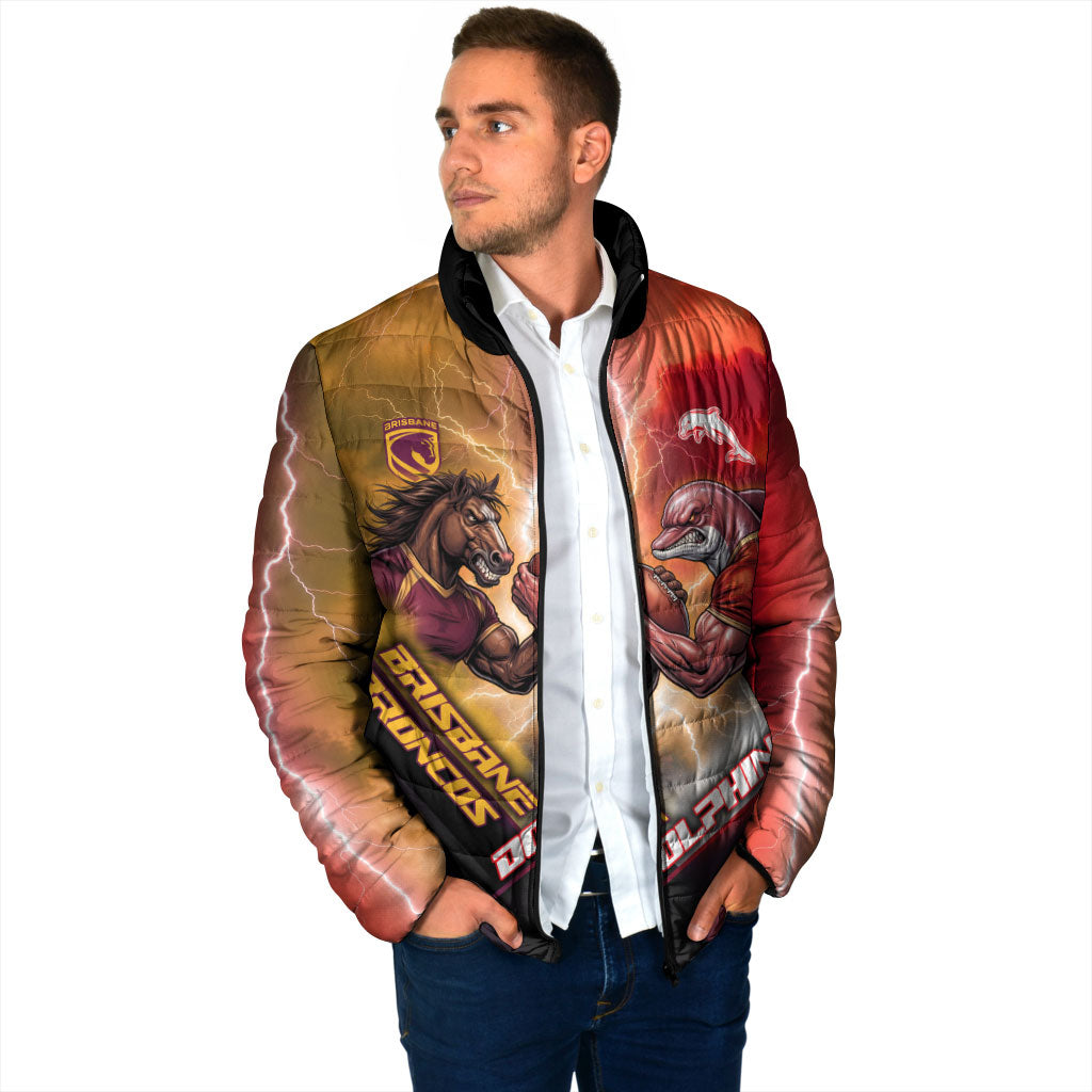 Personalized Brisbane Broncos vs Dolphins Padded Jacket Battle Epic Lightning Storm Mascot