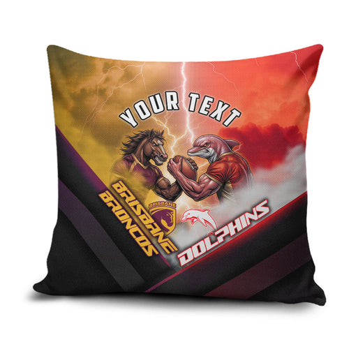 Personalized Brisbane Broncos vs Dolphins Pillow Cover Battle Epic Lightning Storm Mascot