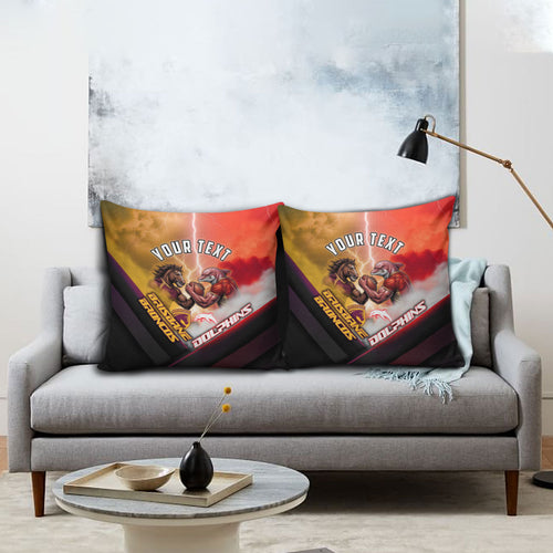 Personalized Brisbane Broncos vs Dolphins Pillow Cover Battle Epic Lightning Storm Mascot