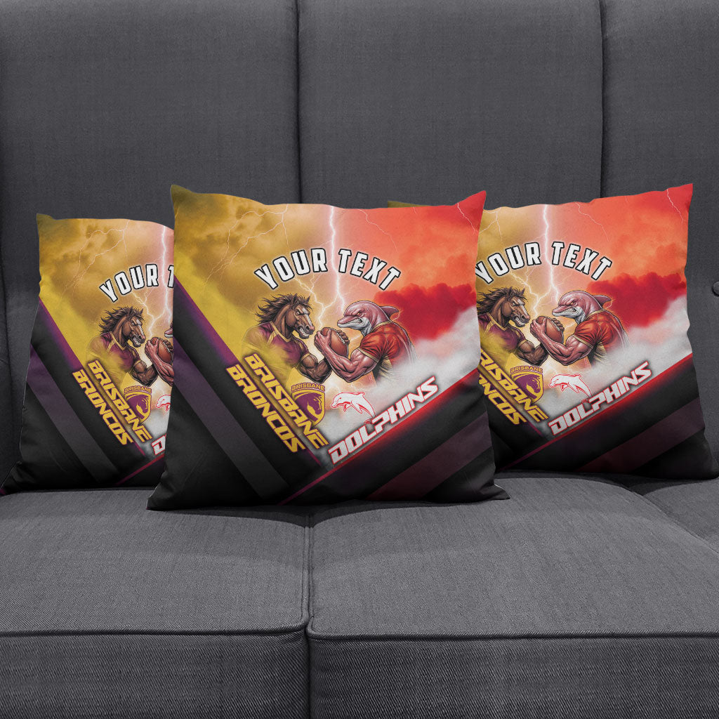 Personalized Brisbane Broncos vs Dolphins Pillow Cover Battle Epic Lightning Storm Mascot