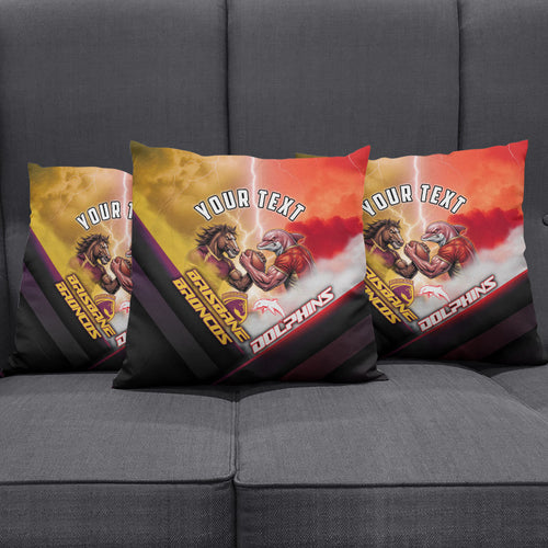 Personalized Brisbane Broncos vs Dolphins Pillow Cover Battle Epic Lightning Storm Mascot