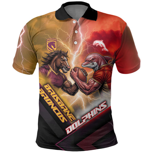 Personalized Brisbane Broncos vs Dolphins Polo Shirt Battle Epic Lightning Storm Mascot