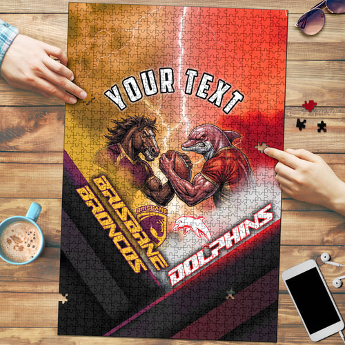 Personalized Brisbane Broncos vs Dolphins Puzzle Battle Epic Lightning Storm Mascot