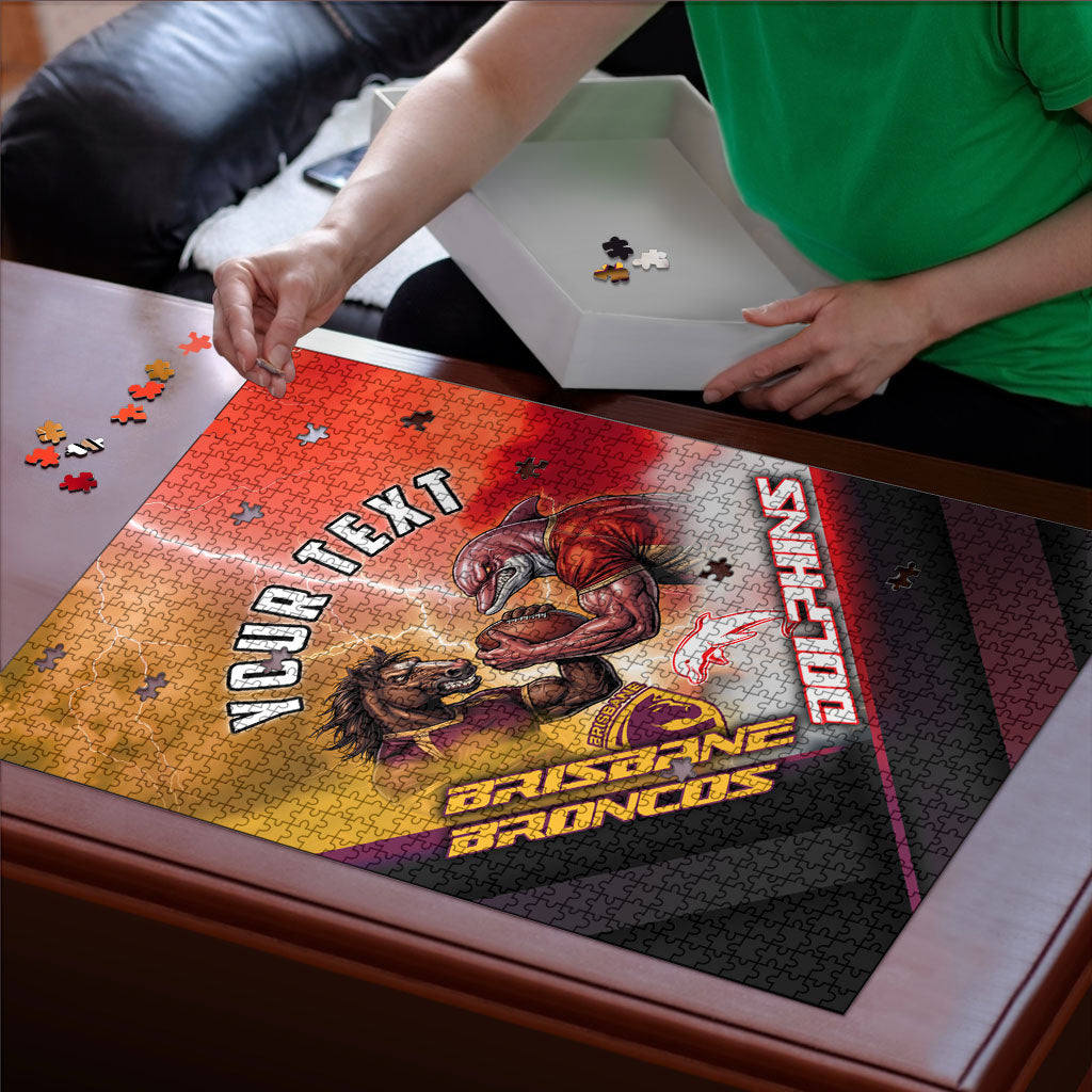 Personalized Brisbane Broncos vs Dolphins Puzzle Battle Epic Lightning Storm Mascot