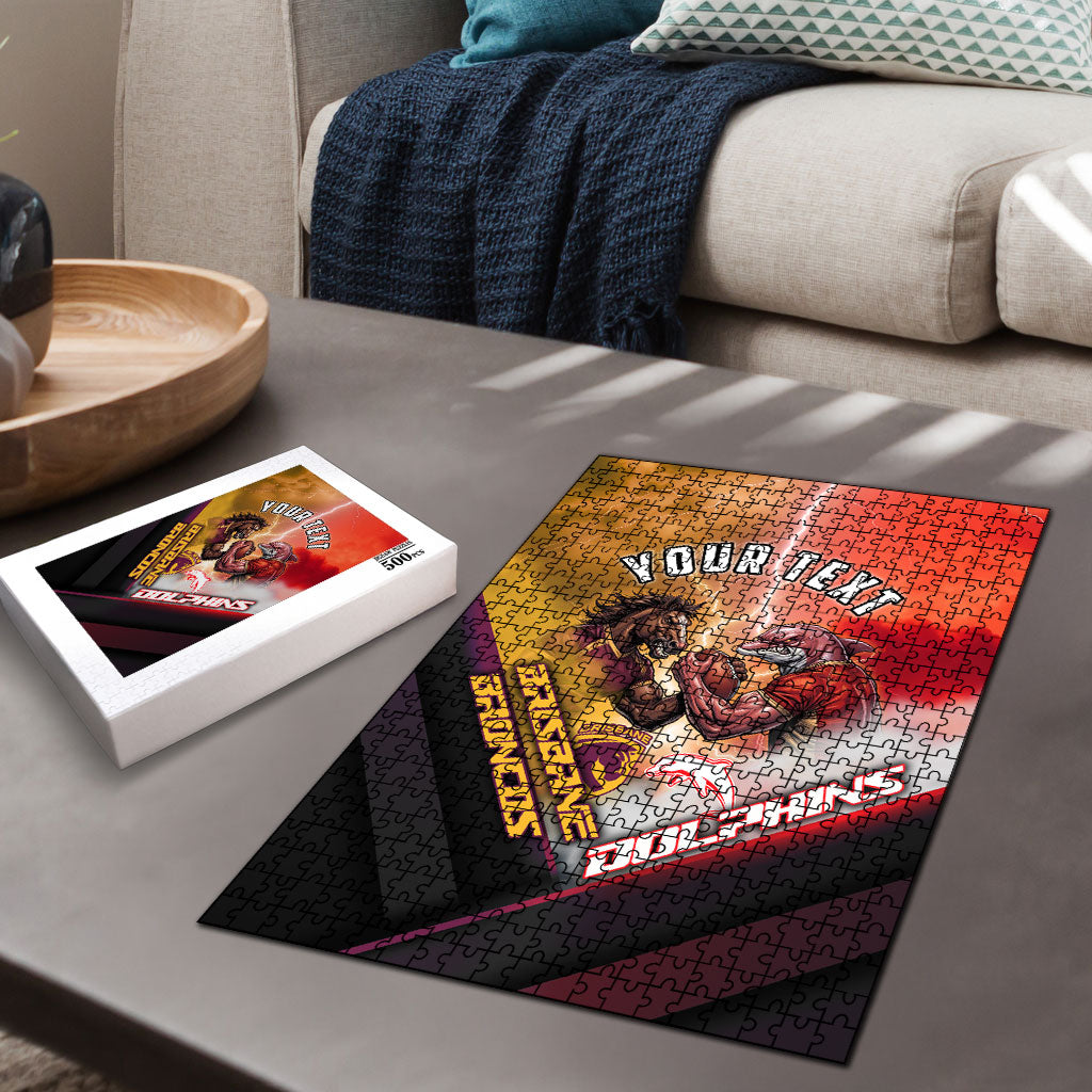 Personalized Brisbane Broncos vs Dolphins Puzzle Battle Epic Lightning Storm Mascot