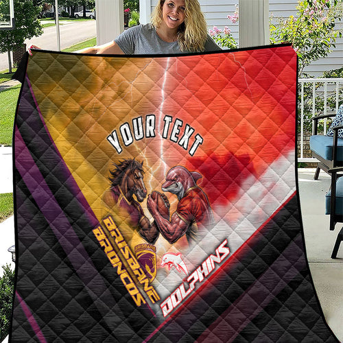 Personalized Brisbane Broncos vs Dolphins Quilt Battle Epic Lightning Storm Mascot