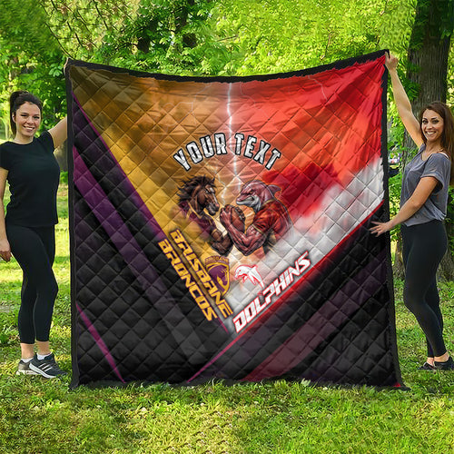 Personalized Brisbane Broncos vs Dolphins Quilt Battle Epic Lightning Storm Mascot