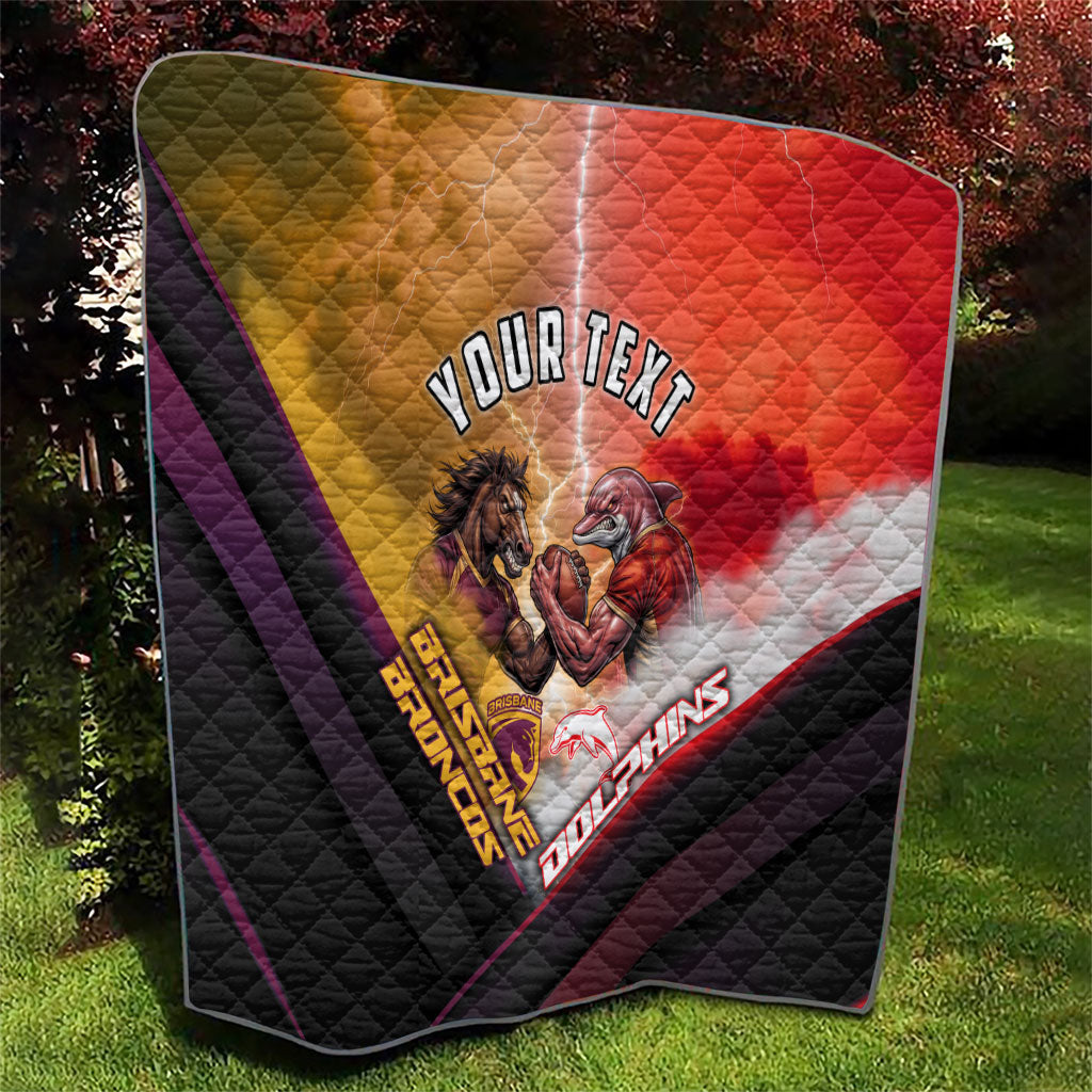 Personalized Brisbane Broncos vs Dolphins Quilt Battle Epic Lightning Storm Mascot