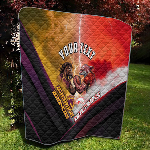 Personalized Brisbane Broncos vs Dolphins Quilt Battle Epic Lightning Storm Mascot