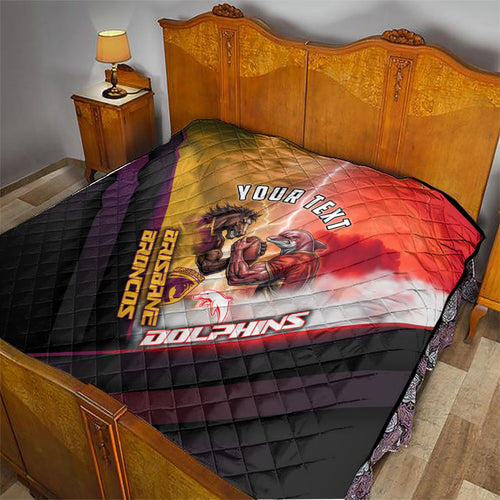 Personalized Brisbane Broncos vs Dolphins Quilt Battle Epic Lightning Storm Mascot