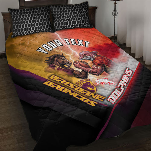 Personalized Brisbane Broncos vs Dolphins Quilt Bed Set Battle Epic Lightning Storm Mascot