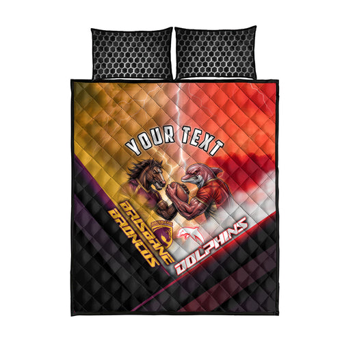 Personalized Brisbane Broncos vs Dolphins Quilt Bed Set Battle Epic Lightning Storm Mascot