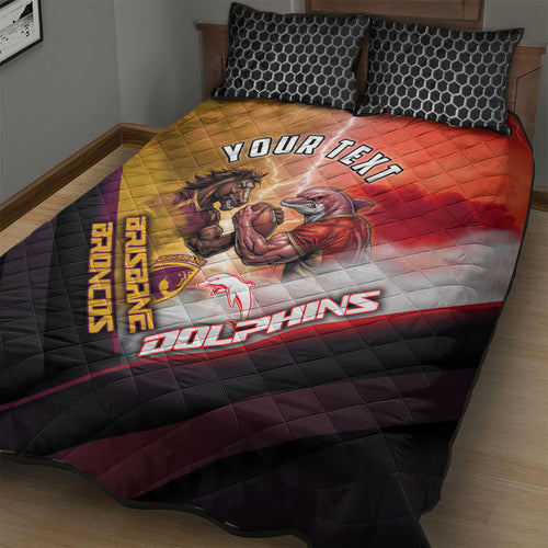 Personalized Brisbane Broncos vs Dolphins Quilt Bed Set Battle Epic Lightning Storm Mascot