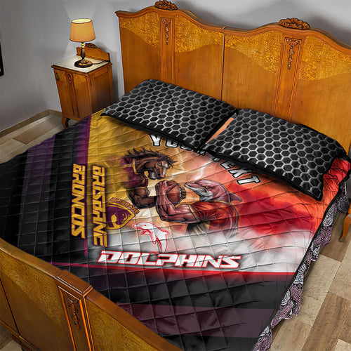 Personalized Brisbane Broncos vs Dolphins Quilt Bed Set Battle Epic Lightning Storm Mascot