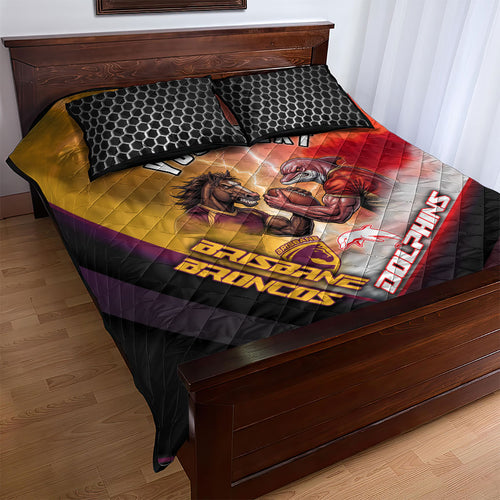 Personalized Brisbane Broncos vs Dolphins Quilt Bed Set Battle Epic Lightning Storm Mascot
