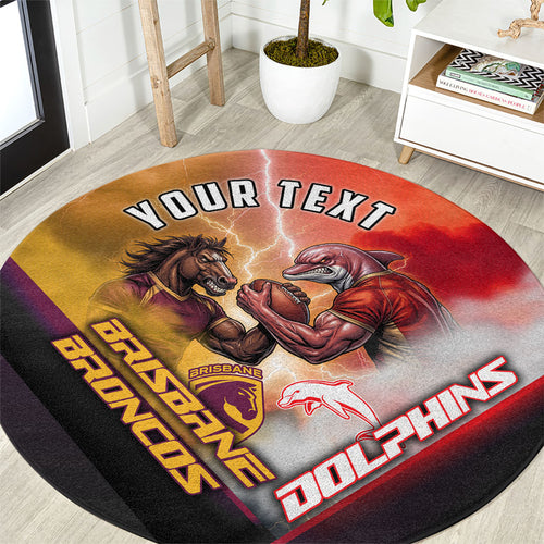 Personalized Brisbane Broncos vs Dolphins Round Carpet Battle Epic Lightning Storm Mascot