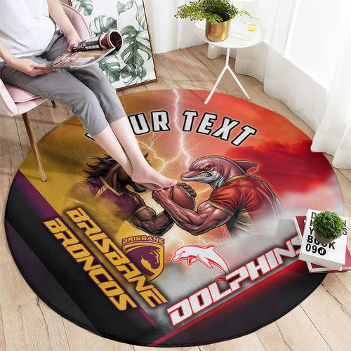 Personalized Brisbane Broncos vs Dolphins Round Carpet Battle Epic Lightning Storm Mascot