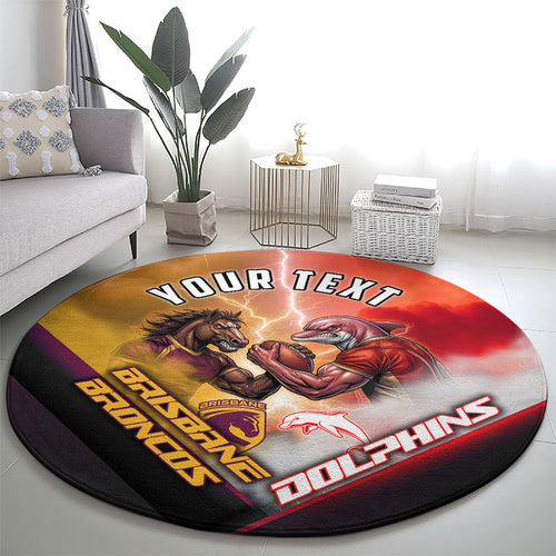 Personalized Brisbane Broncos vs Dolphins Round Carpet Battle Epic Lightning Storm Mascot