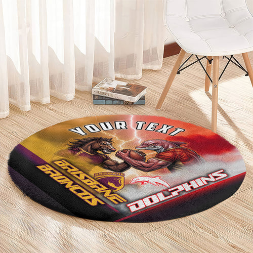 Personalized Brisbane Broncos vs Dolphins Round Carpet Battle Epic Lightning Storm Mascot