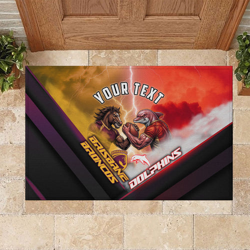 Personalized Brisbane Broncos vs Dolphins Rubber Doormat Battle Epic Lightning Storm Mascot